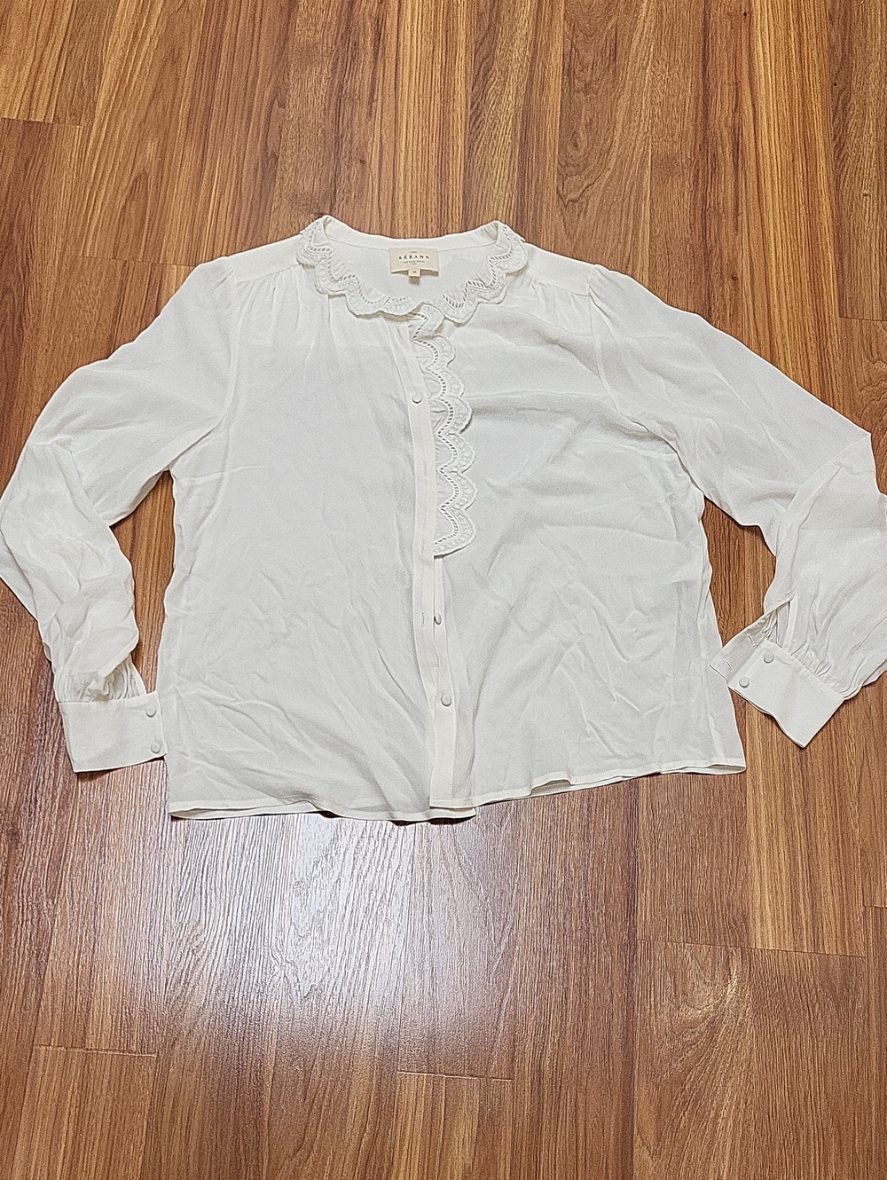 Sezane Cream Lace-Trim Ruffle Button-Down Blouse